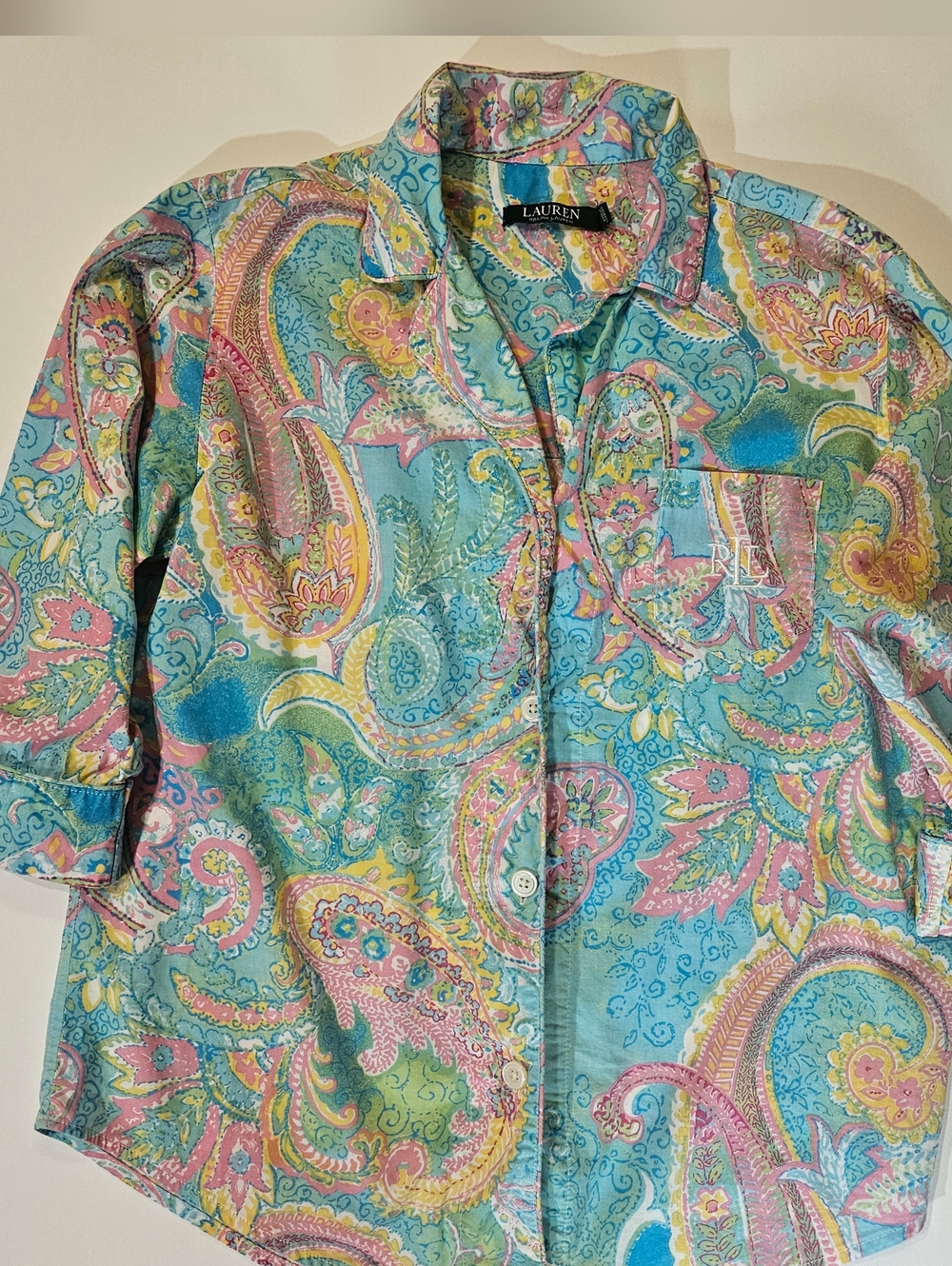 Lauren Ralph Lauren Pajama Top Womens Medium Green Pink Pastel Paisley Button Up